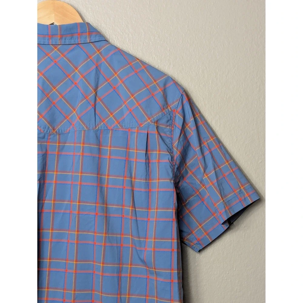 Stio Pearl Snap Shirt Mens Large Blue Orange Plaid Short Sleeve Hiking #2338